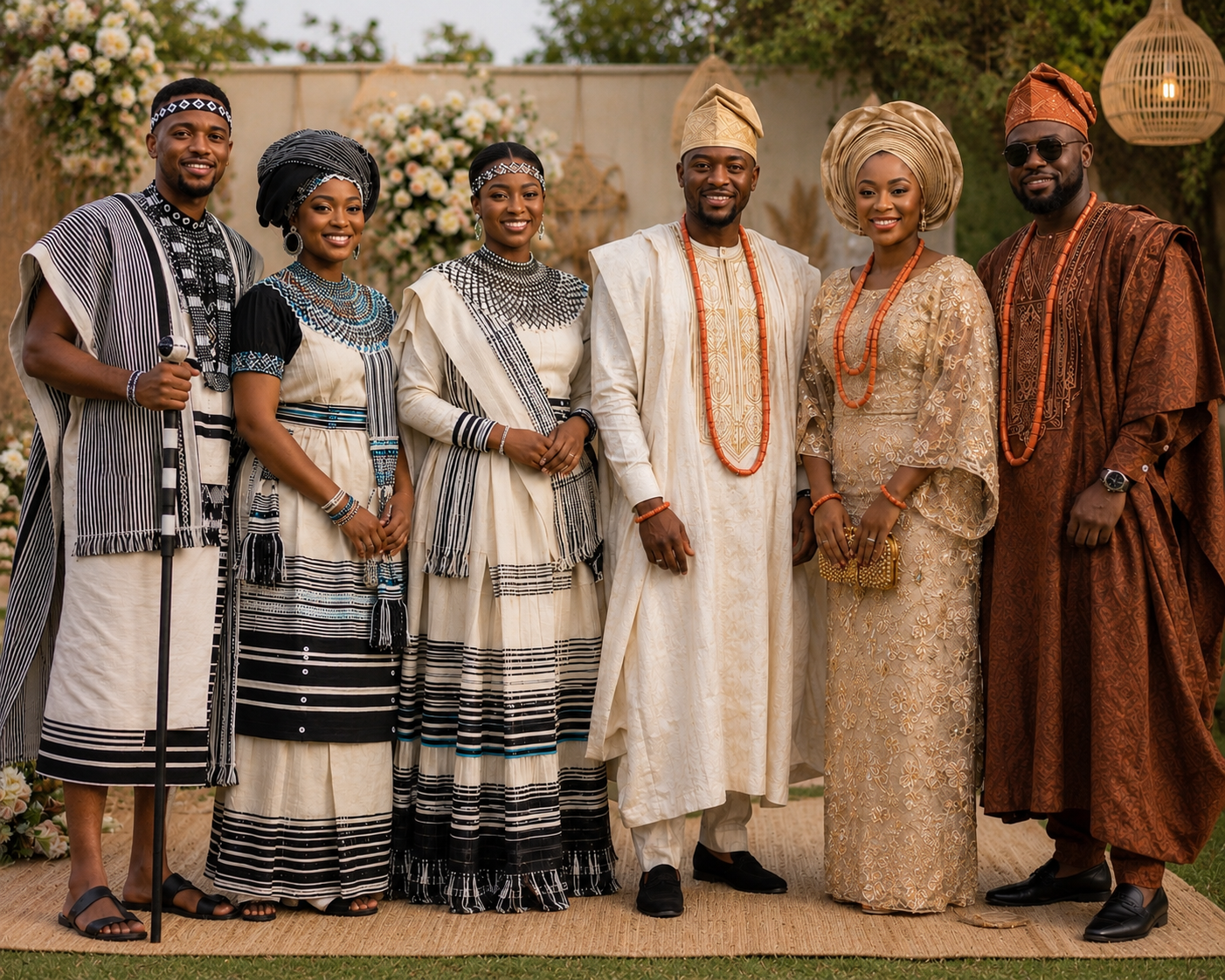 Guests in traditional attire, including Xhosa beadwork and blanket wraps