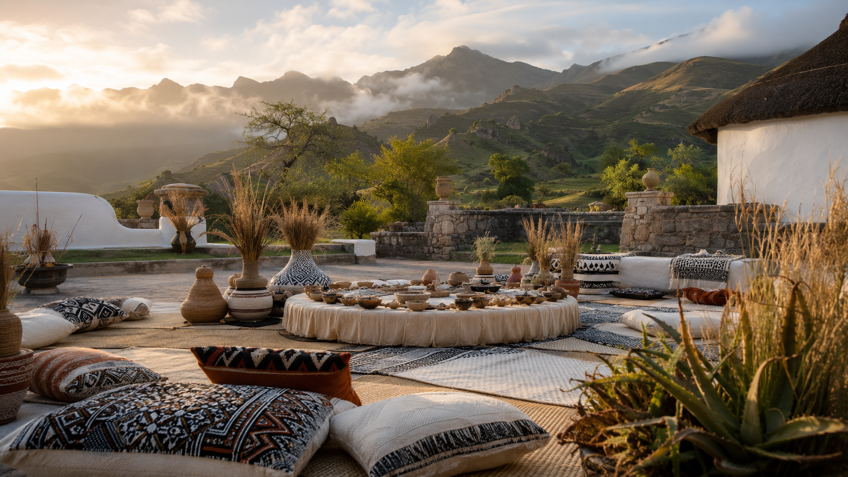 A mountain ceremony setting in Mt. Fletcher with woven textiles, cushions, and ceremonial vessels